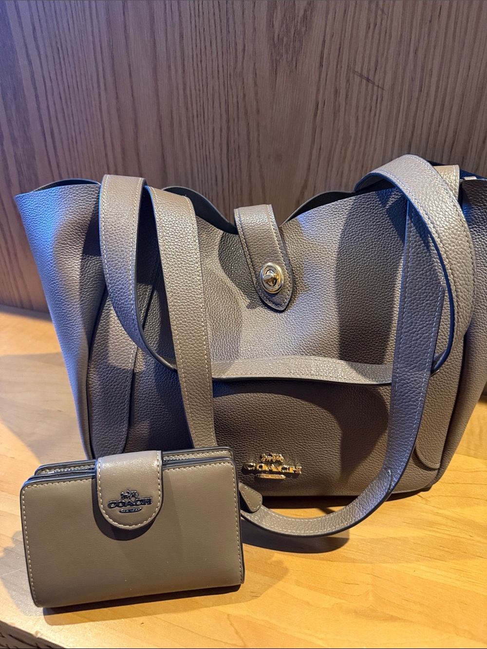 Coach Pebbled Leather Tote and Matching Wallet in Taupe Gray